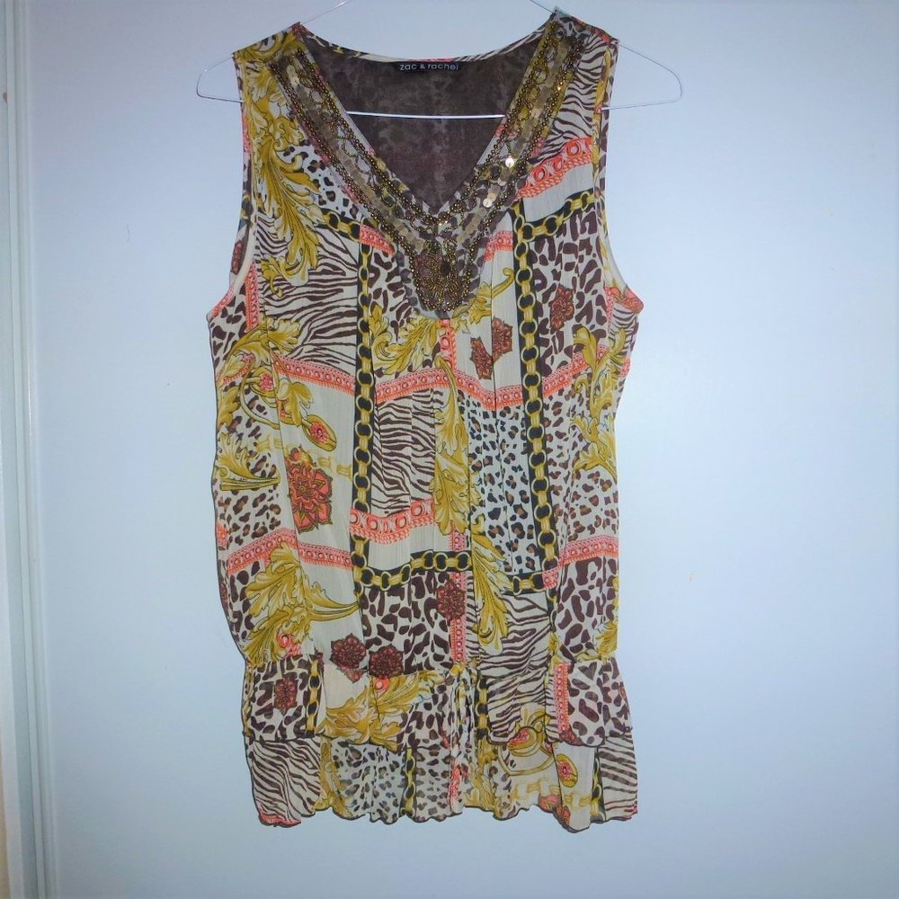 Zac & Rachel Brown Gold Beaded Sequins Top XL